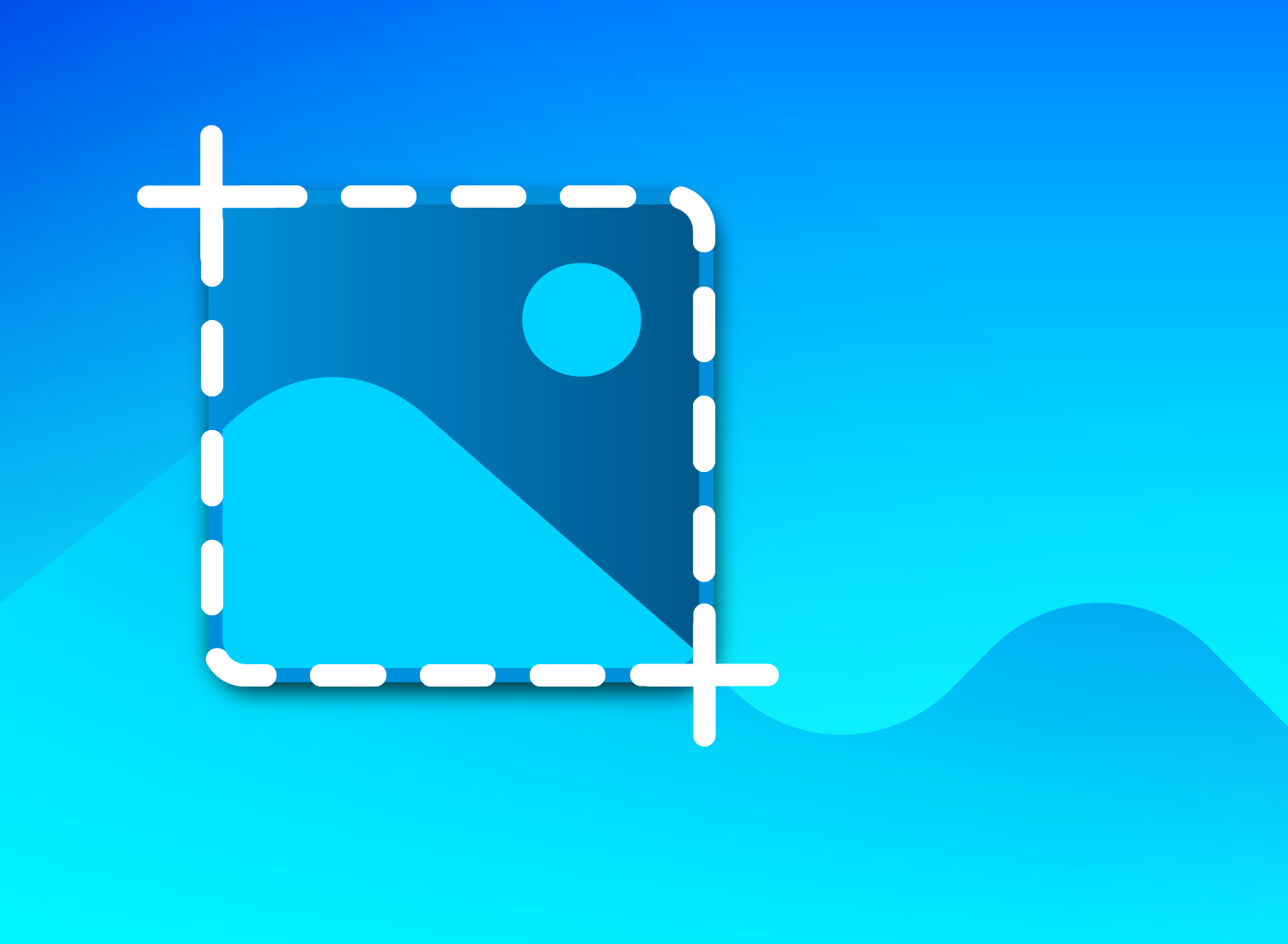 Icon of a landscape photo with a dashed border on a gradient blue background.