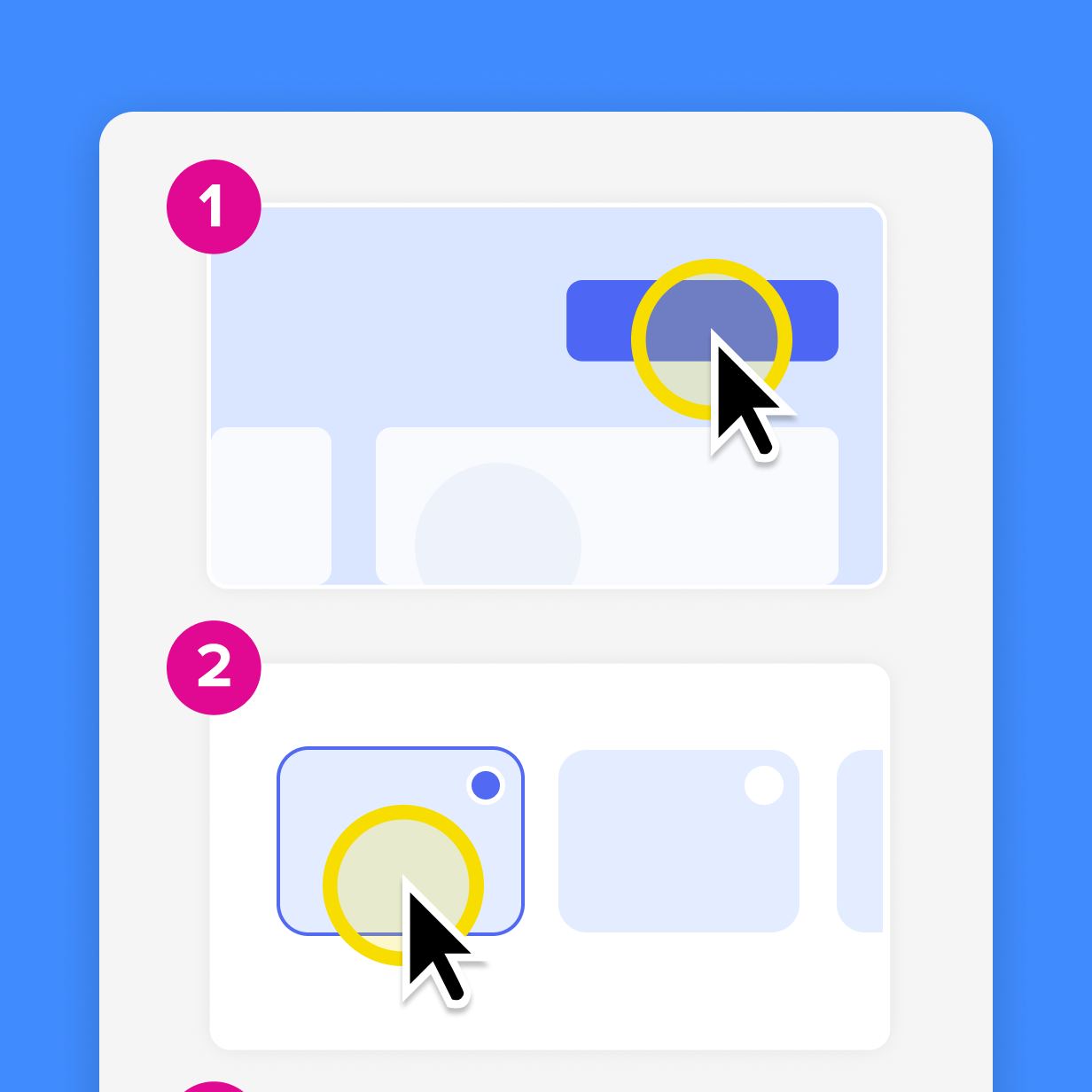 cursors with yellow circles highlighting clicks on a step by step process